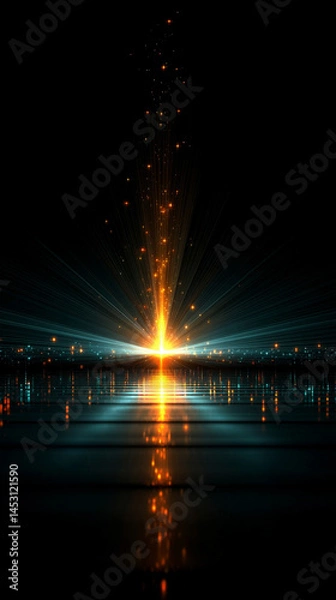 Fototapeta Bright colorful light radiates from center creating starburst effect. Dark background enhances luminous beam. Abstract design. Optical light effect. Visual art. Futuristic scene. Magical

