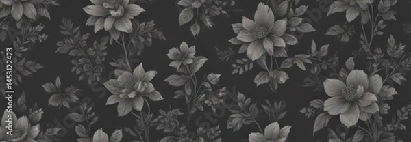 Fototapeta Subtle charcoal floral wallpaper; delicate, repeating small-scale botanical pattern on a dark gray background ,  gray background,  subtle,  dark background
