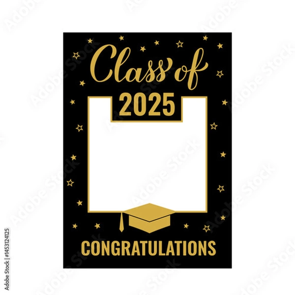 Fototapeta Class of 2025 photo booth frame isolated on white. Grad celebration selfie frame.  Graduation party photobooth props. Black and gold rom decorations. Vector template.