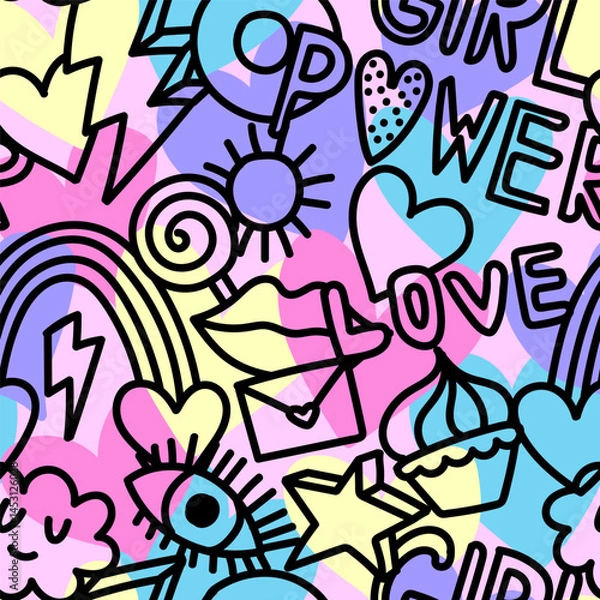 Obraz Seamless pattern with hand draw words, hearts and signs. Bright  Abstract print on rainbow background for fabric, wrapping, textile, wallpaper, apparel. Vector illustration for teen girl.