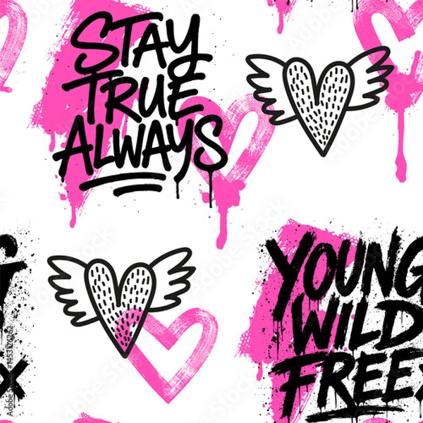 Obraz Abstract seamless pattern with urban graffiti words. Grunge texture background. Wallpaper for girl. Fashion teen style
