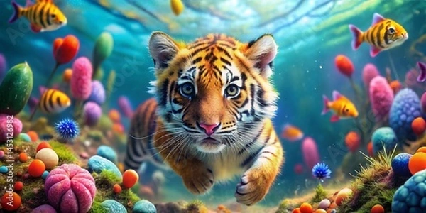 Obraz Adorable Tiger Cub Playing in Vibrant Coral Reef, Underwater Bokeh Photography