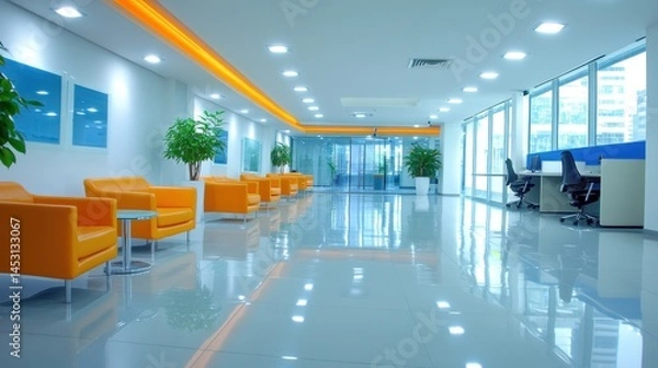 Fototapeta A modern and well lit waiting room with orange seating
