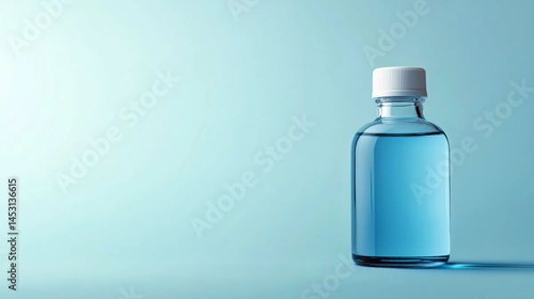 Obraz Small Medicine Bottle with Blue Liquid on Light Blue Background with Copy Space for Pharmaceutical, Healthcare, or Clinical Research Context