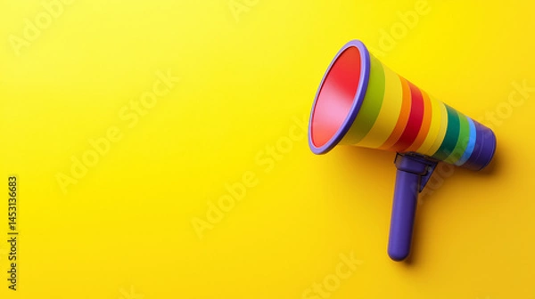 Obraz Rainbow Colored Megaphone on Bright Yellow Background Celebrating LGBTQ+ Rights, Diversity, and Inclusive Messaging in Social Campaigns and Pride Month Content