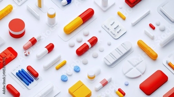 Fototapeta Colorful Medications: A 3D Render of Various Pills, Capsules, and Tablets