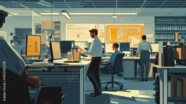 Fototapeta An office manager coordinating tasks in a bustling, open-plan office filled with working professionals