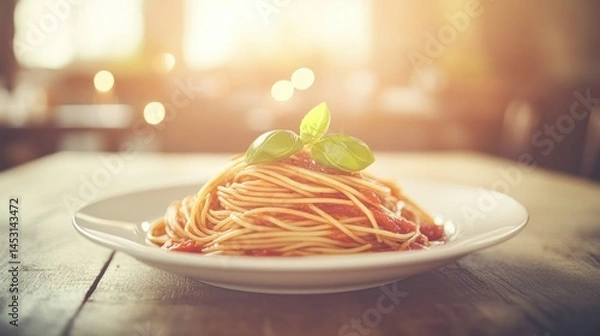 Fototapeta Delicious Spaghetti with Tomato Sauce, a culinary delight served on a rustic wooden table in a warm, inviting restaurant setting.