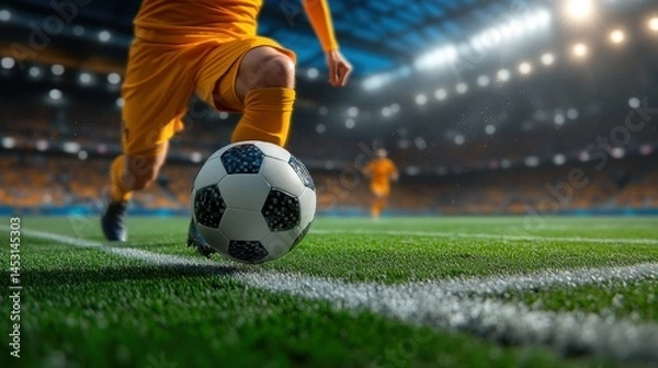 Fototapeta Soccer player in action, close-up view of a dynamic play on the field
