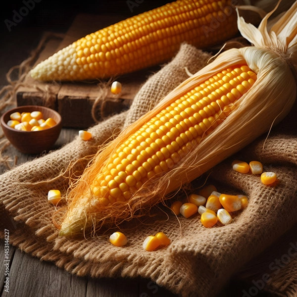 Fototapeta Fresh Corn on the Cob with Husk on Burlap Sack
