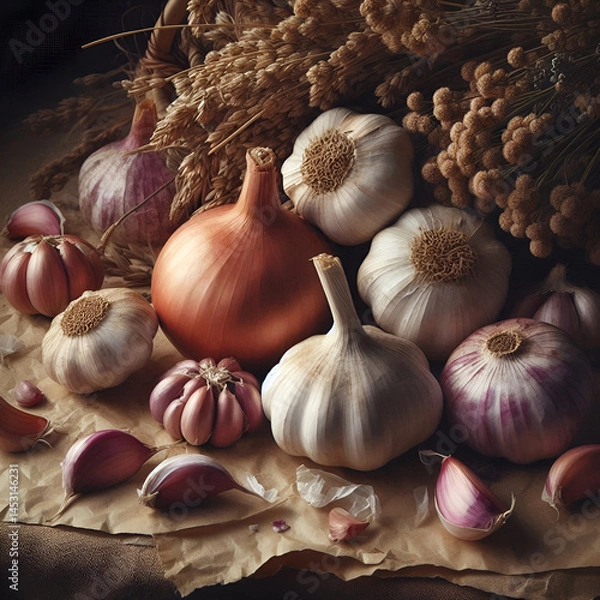 Fototapeta Rustic Still Life of Garlic, Onion, and Dried Herbs