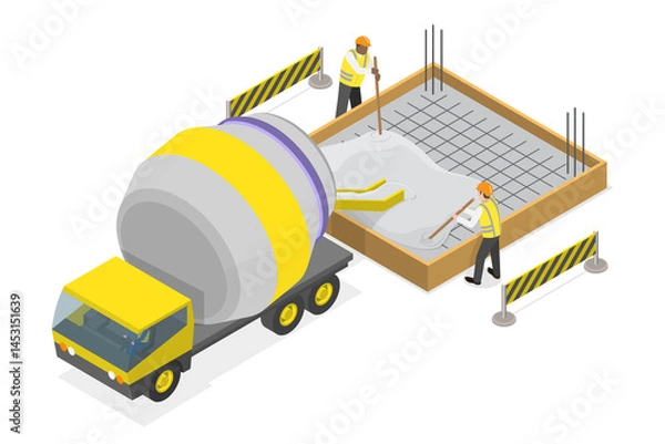 Fototapeta 3D Isometric Flat  Illustration of Construction Foundament, Pouring Cement From Concrete Truck