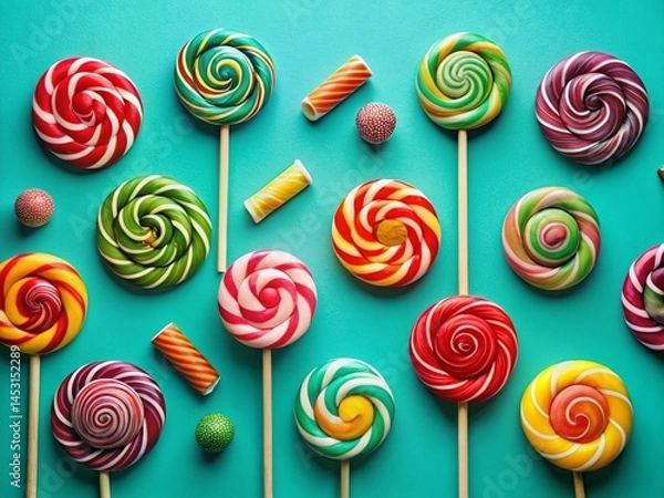 Fototapeta Colorful Lollipops on Cyan Background - Sweet Candy Photography