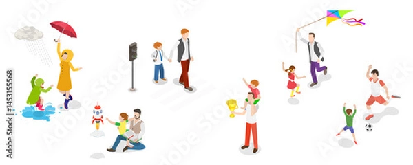 Fototapeta 3D Isometric Flat  Illustration of Positive Parenting Tips, Kid Growing in Loving Family