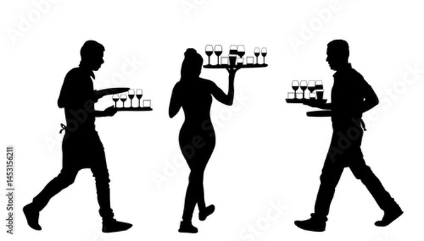 Obraz Hurry crew in rush waiters holding tray with order drinks for guests vector silhouette isolated. Restaurant servant taking orders. Pub workers serve wine drinks for guests. Barman cocktails beverage.