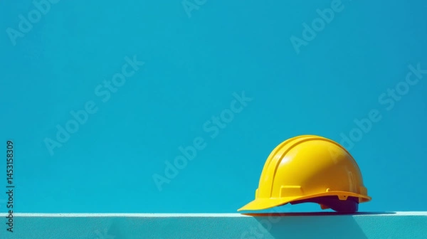 Obraz  Yellow Safety Helmet on Cyan Background with Copy Space for Construction Industry Campaigns, Workplace Safety Banners, and Labor Day Promotions