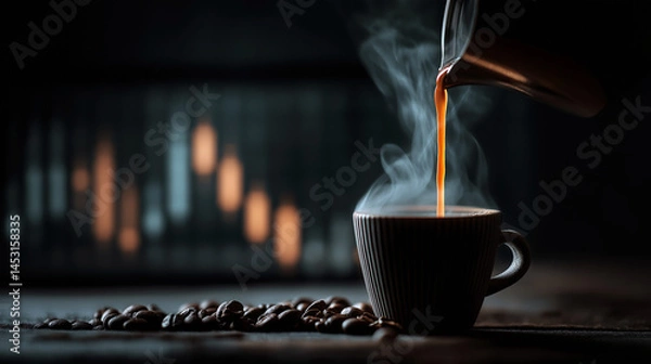 Obraz Pouring Hot Coffee into Ceramic Cup with Beans on Wooden Table in Dark Moody Cafe Style Scene for Morning Routine Concepts, Beverage Blogs, and Product Branding