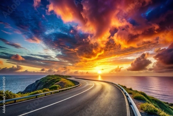 Fototapeta Dramatic Sunset Coastal Asphalt Road, Ocean View, Copy Space
