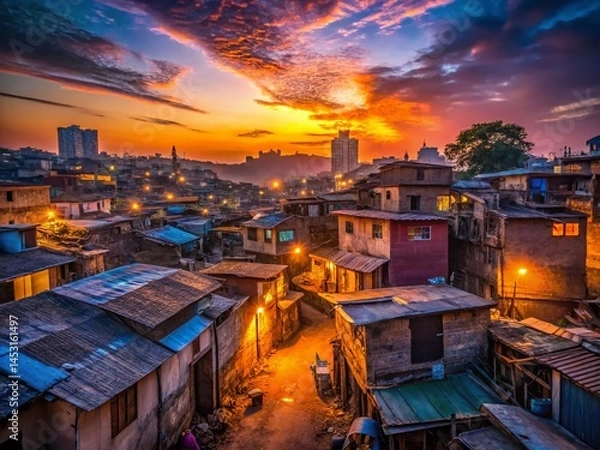 Obraz Dusk Shadows: Glowing Lights in a Slum Settlement - Night Photography Stock Photo