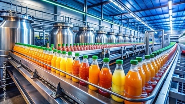 Obraz Efficient Juice Production Line: Modern Factory Bottling and Packaging Process