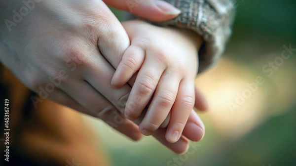 Obraz Caucasian mother gently holding child’s hand in soft natural light, emotional close-up symbolizing trust and family care, ideal for parenting blogs and healthcare campaigns.