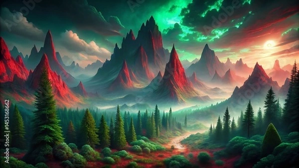 Obraz Ethereal Dark Fantasy Landscape: Crimson and Emerald Gloom