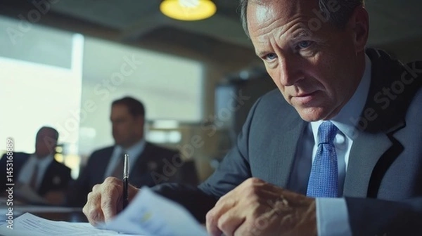 Fototapeta Thoughtful executive analyzing financial reports in an office with colleagues in the background