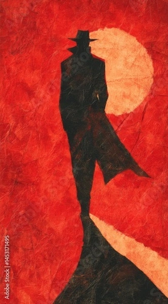Obraz Silhouette of a detective under the moonlight in an art déco style painting.