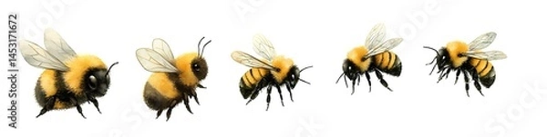Fototapeta set of watercolor bumblebee with chubby fluffy body isolated on white background, cartoon and realistic style
