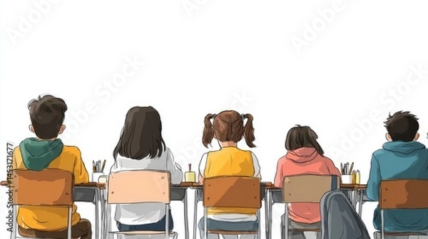 Obraz Backview of school students seated in class, colorful drawing style, white background with copy space on the side.