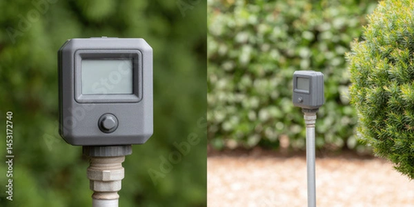 Fototapeta A digital irrigation timer is mounted on a pipe, surrounded by greenery in a garden. Garden automation technology