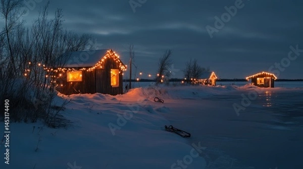 Fototapeta Frozen winter wonderland, illuminated cabins on ice.