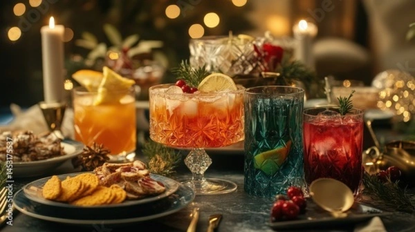 Fototapeta Festive beverages and appetizers on a holiday table setting.