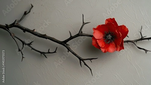 Fototapeta Striking branch with crimson poppy against light background.