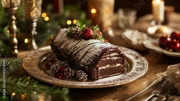 Obraz Festive Yule Log Cake centerpiece on holiday table.