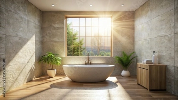Fototapeta Minimalist Bathroom with Stone Tub and Sunlight Streaming Through Window , simplicity
