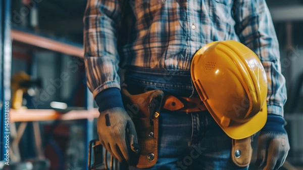 Fototapeta Carpenter using machinery in workshop -