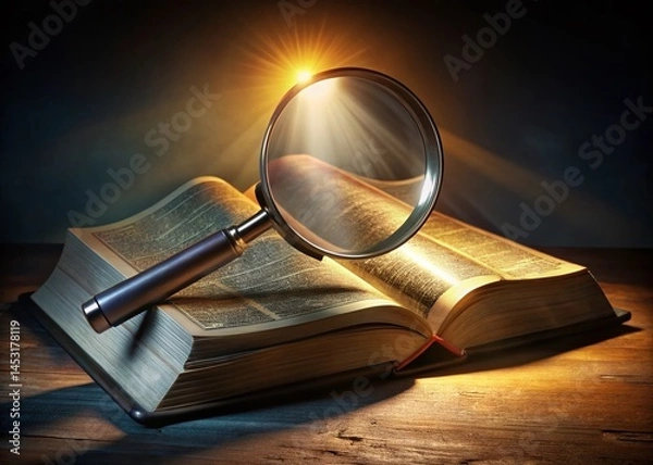 Obraz Holy Bible Study: Close Examination of Scripture with Magnifying Glass - 3D Illustration