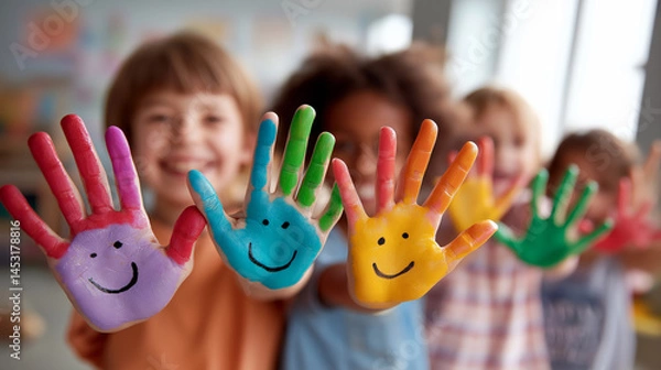 Obraz Multiracial group of children showing painted smiling hands in bright classroom, symbol of diversity, creativity and joy for art education, school projects and equality campaigns.