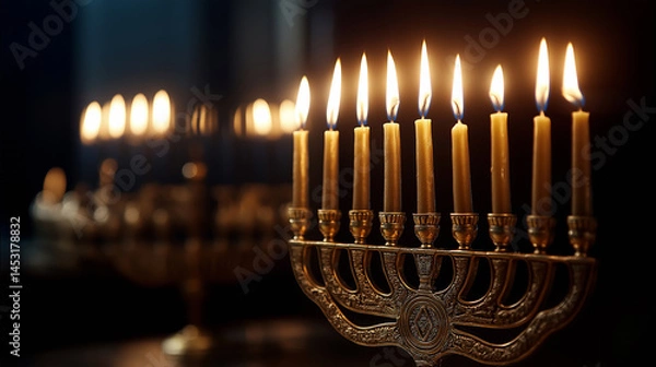 Obraz Traditional Jewish menorah with nine lit candles in dark festive setting, symbolic Hanukkah celebration scene for religious articles, holiday cards, and cultural education visuals.