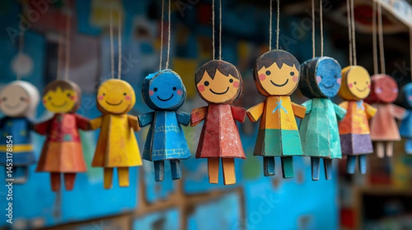 Obraz Colorful handcrafted wooden puppets with smiling faces hanging on strings, cultural folk art representation perfect for children's events, international festivals, and creative toy store visuals.