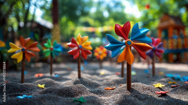 Obraz Bright multicolored pinwheels in sunny playground with blurred background, playful summer symbol of joy, movement, and childhood fun for kids’ events, toy shops, or outdoor party designs.