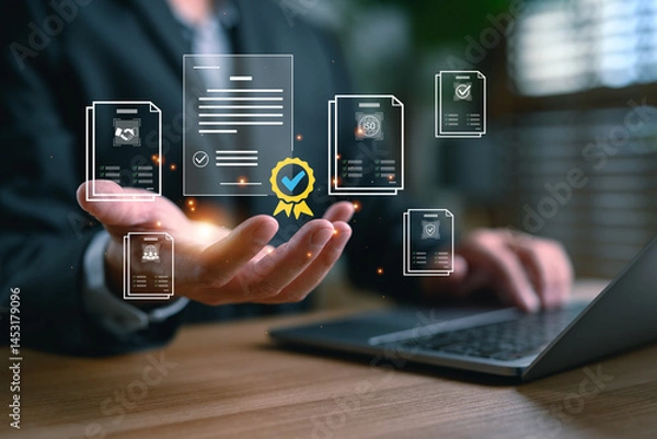 Fototapeta Businessman holding certified documents and ISO, representing document verification, quality assurance, compliance, audit process, digital certification, standardization, and secure approval system.