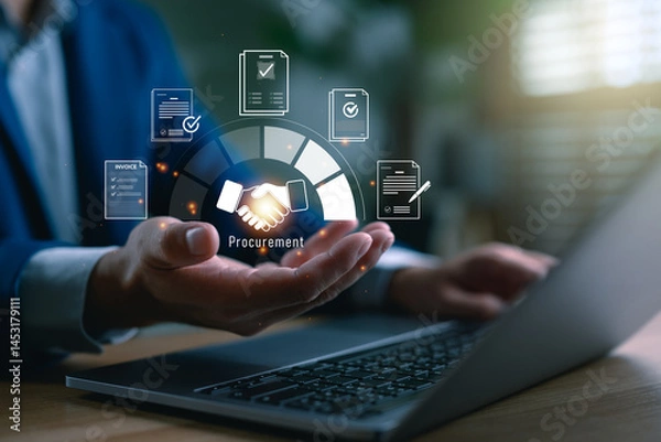 Fototapeta Businessman managing digital procurement process with contract, invoice, approval documents, representing B2B sourcing, vendor management, supply chain, e-procurement, paperless contract workflow.