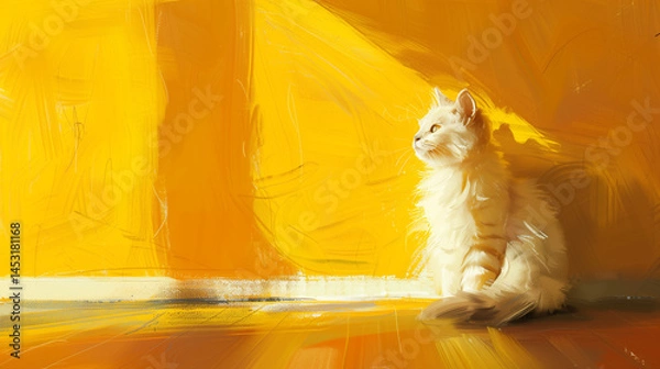 Fototapeta Charming vertical fluffy cat illuminated by sunlight near a vibrant yellow wall, evoking warmth. Generated AI -