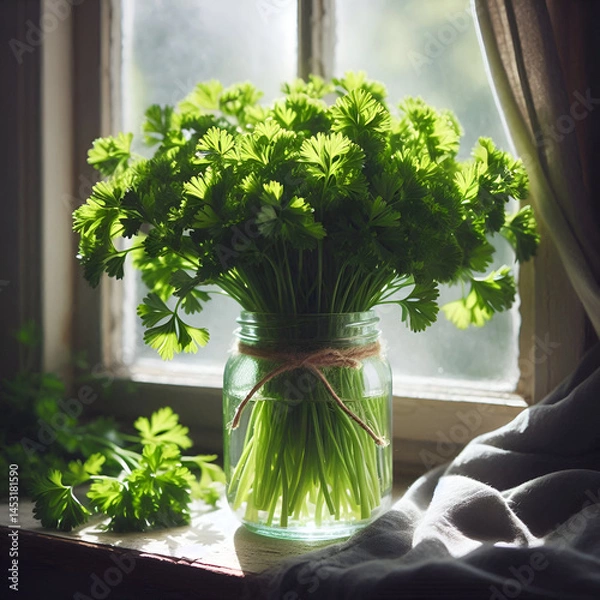 Fototapeta Fresh Parsley in Glass Jar by the Window