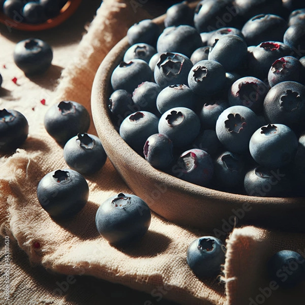Fototapeta Rustic Close-Up of Fresh Blueberries in Wooden Bowl