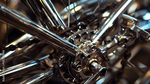 Fototapeta Close up of skilled factory worker welding metal parts of a bicycle in a factory. -