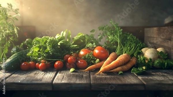 Obraz Freshly Harvested Vegetables on Rustic Table, Generative AI