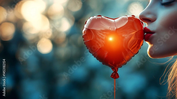 Obraz Romantic young Caucasian woman kissing red heart-shaped balloon with dreamy bokeh lights in soft focus background for Valentine’s Day, love themes, and emotional content